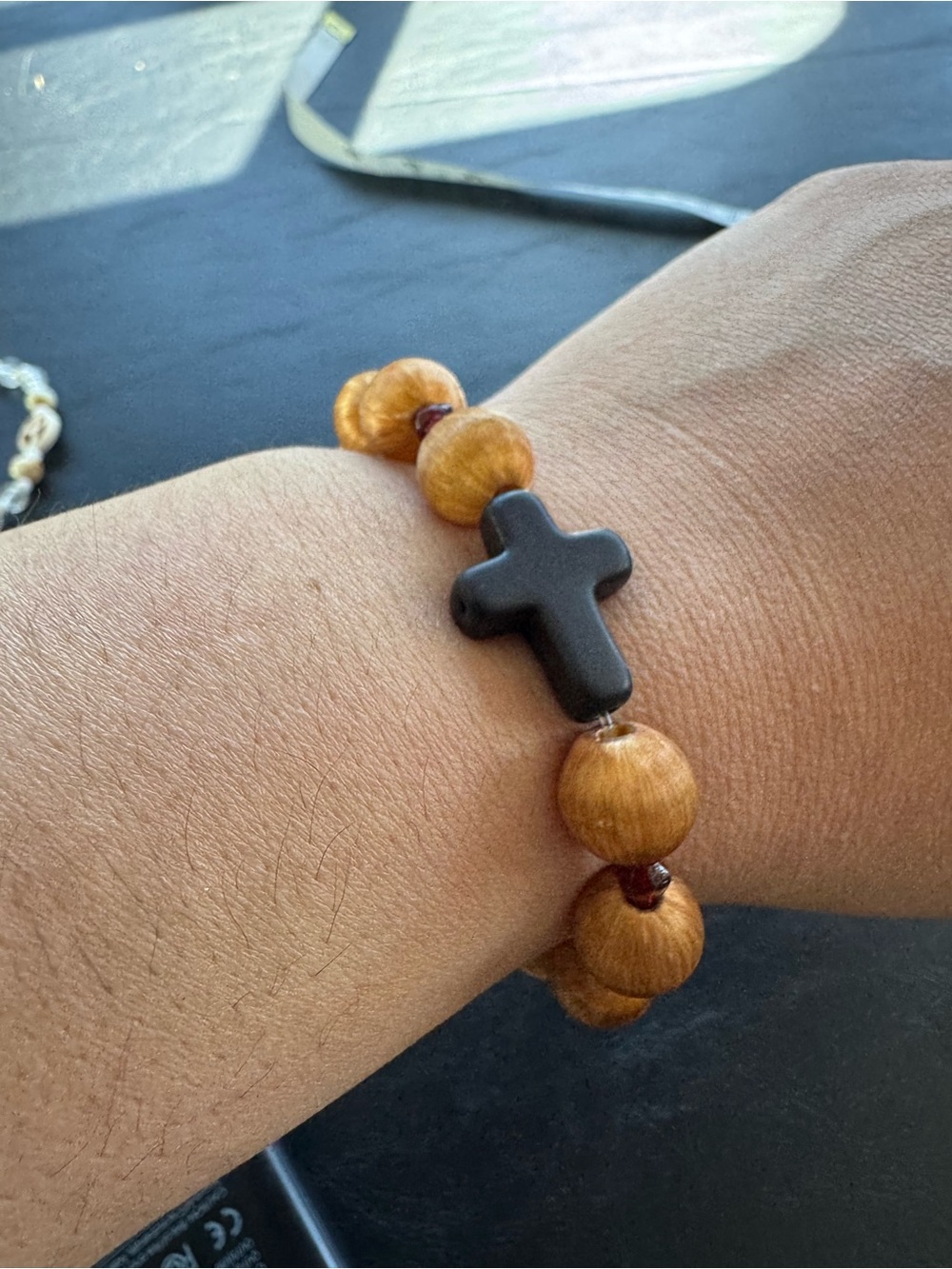 Wood Bead Bracelet with Black Cross Accent